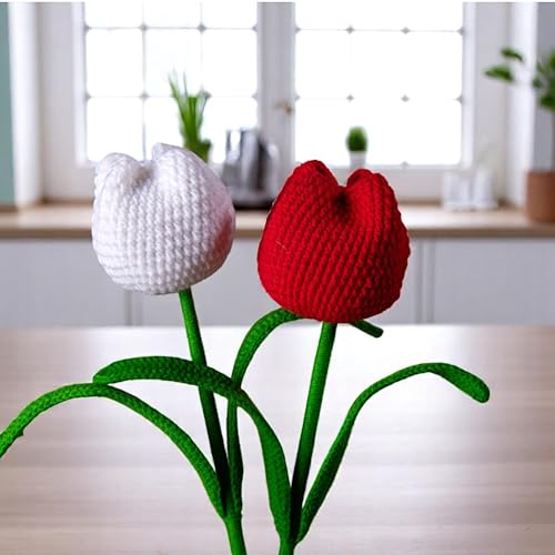 Image of Tulip Crochet Flowers | Handcrafted Artificial Faux Woolen Flower with Long Stem | Natural Looking Knitted Flower for Home, Living Room, Vase & Bouquet Decoration & Gifting | Red & White