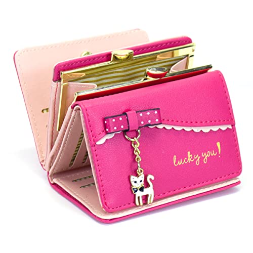 SUMGOGO Small Wallet for Women Cute Cat Pendant Card Holder Organizer Girls Front Pocket Coin Purse Leather (A-Rose)
