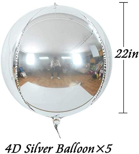 TONIFUL 5Pcs Large Sliver 4D Giant Round Foil Balloon Big Mirror Metallic Orbz Mylar Sephere Ballons for Christmas New Year Boy Birthday Party Wedding Baby Shower Decoration Supplies(22inch)