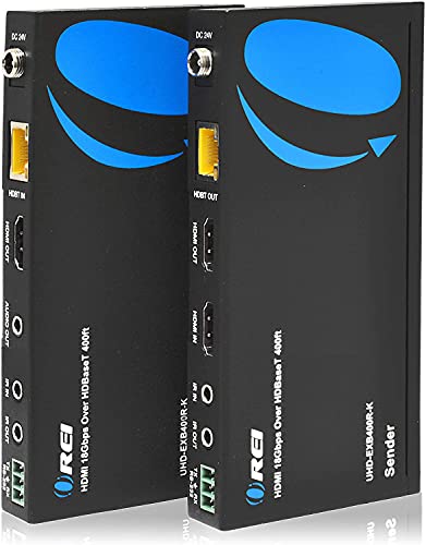 4K HDMI Extender Balun by OREI - HDBaseT UltraHD 4K @ 60Hz 4:4:4 Over Single CAT5e/6/7 Cable with HDR, CEC & IR Control, RS-232 - Up to 400 Ft - Loop Out - Power Over Cable - Audio Out (UHD-EXB400R-K)