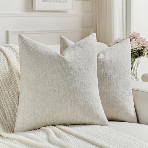FUTEI Natural White Wood Chenille Decorative Throw Pillow Covers 20x20 Inch Set of 2,Soft Cozy Faux Linen Textured Cushion Case,Farmhouse Home Decor for Couch Living Room