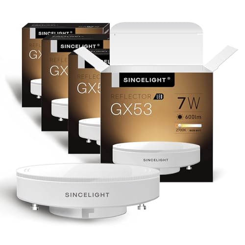 SINCELIGHT GX53 LED Bulbs, 7W, Reflector, 60W Equivalent, Disc Frosted Puck, RA≈92, Warm White 2700K, Retrofit the GX53 Fittings in Kitchen Units, Display Cabinets, Under-Shelf Lighting, Pack of 4