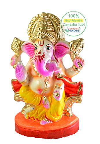 Handicraft Eco Friendly Ganesha Statue Colorful Indian God Sculpture Figurine for Visarjan Home Decor Mithi Ganesh Religious God Water Soluble Clay Idol(Kachi Mitti) - 7 Inch