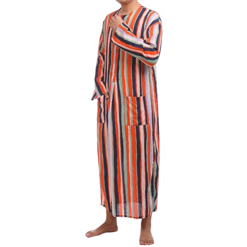IWEMEK Muslim Thobe for Men Striped Kaftan Thobe with Pockets Saudi Arabic Robe Button up Dubai Abaya Caftan Ramadan Clothes2