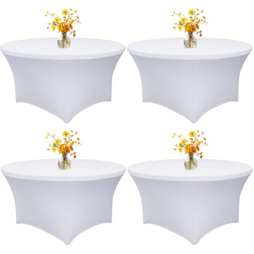 Image of Fixwal 4 Pack 60 Inch Round Tablecloth, Fitted Spandex Round Table Cloths - Washable White Stretchable Table Cover, Elastic Fabric for Wedding, Party, Restaurant, Christmas, Thanksgiving