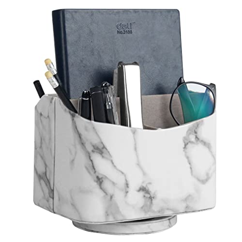 HofferRuffer Spinning Fernbedienung Halter, Fernbedienung Halter, Remote Caddy, Media Storage Organizer, Spinning Remote Control Organizer, 18,7 x 14 x 15 cm, Marmor Weiß PU-Leder Cover