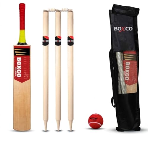 Image of Boxco Velocity Wooden Cricket Kit Includes Capsule bat (NO.6), 3 wickets, Heavy Tennis Cricket Ball, 2 bails, and Carry Bag. Perfect for Practice and Matches for Kids Aged 12 to 15.