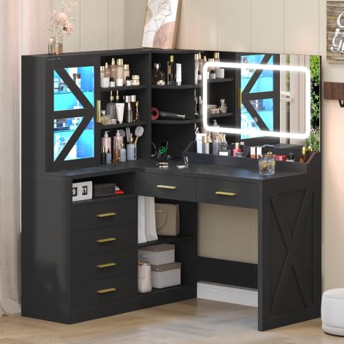 Image of Black L-Shaped Corner Vanity with LED Lighted Mirror & Open Storage Shelves
