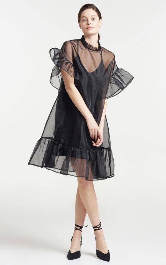 Women's Black Organza Mini Dress Sheer Ruffle Sleeve Overlay, High Neck, A-Line Party Dress - Image 2