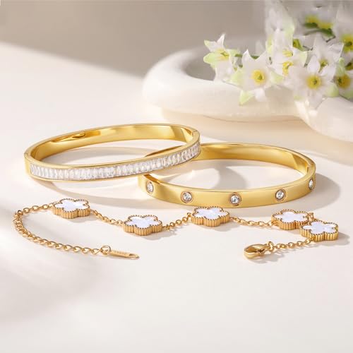 Gold Bangle Bracelets Set for Women (Sturdy Version) 3-Layer 18K Gold-Plated & High Tarnish Resistant (3 PCS) Love Gold Bracelet Stack Set Gifts for Women (Fits Wrists 5.7-6.7 Inch)2