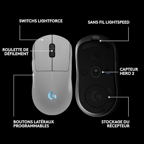 Logitech G PRO 2 LIGHTSPEED, souris de gaming sans fil, pour droitier ou gaucher, maximum de 4 boutons latéraux magnétiques personnalisables et commutables, capteur 44K DPI, recharge USB-C, PC/Mac - B