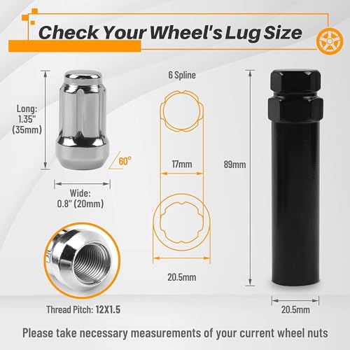 Image of M12x1.5 Chrome Spline Lug Nuts, 20pcs Chrome Closed End Lug Nuts - Compatible with 2006-2019 Ford Fusion, 2000-2019 Ford Focus, 2001-2019 Ford Escape Aftermarket Wheel