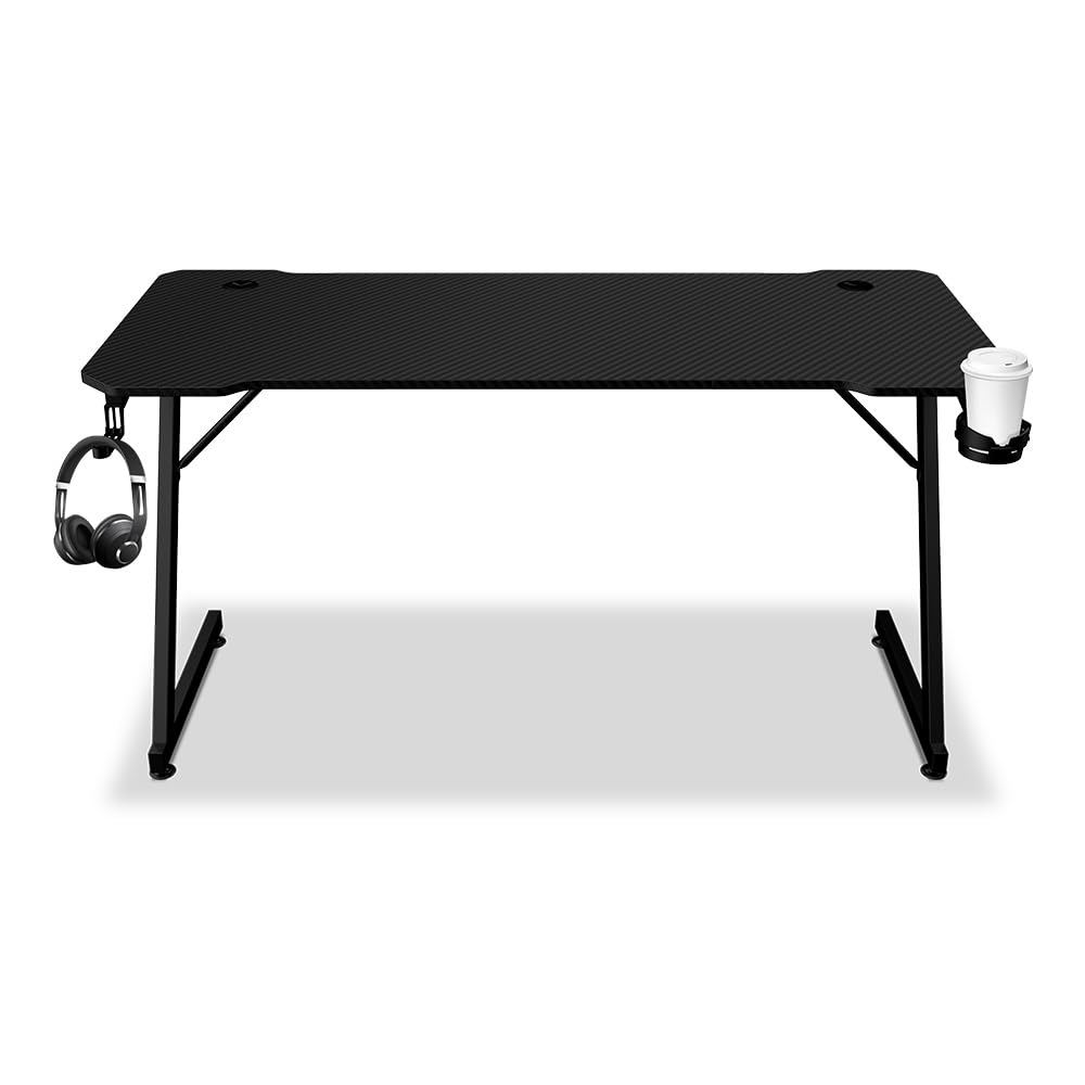 Alpha Gamer Gemina Black 140x60 cm – Escritorio Gamer con Soporte Auriculares, Portavasos, Gestión de Cables, Tapa Textura Carbono, Patas Ajustables – Negro