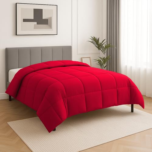 Image of Full Size Comforter Set - All Season Down Alternative Bedding Comforter Set - Quilted Duvet Insert with Corner Tabs - Box Stitched Blanket - Breathable, Soft - Red