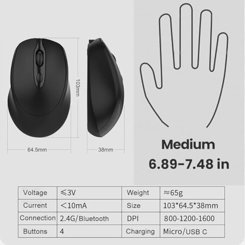 Silent Wireless Mouse for HP t550 Smart Zero Thin Client,Bluetooth,2.4GHz with USB Receiver, Quiet & Lightweight - Thumbnail 3