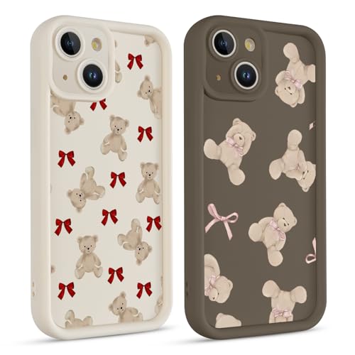 lioscre 2 Pack Cute Coquette Bow Phone Case for iPhone 14 6.1", Aesthetic Bear Pink Ribbon Bowknot Pattern Print Design Women Girls Case Soft Slim Shockproof TPU Protective Funda Cover