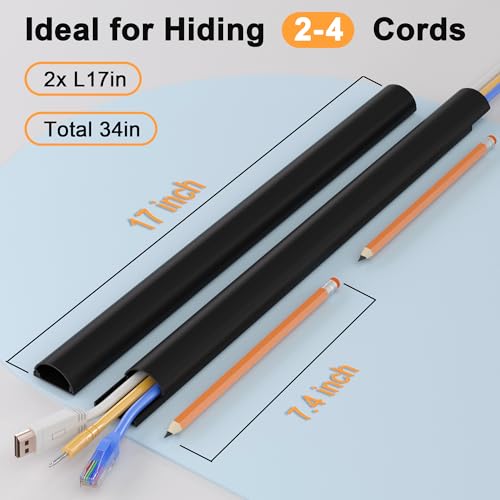 Image of ZhiYo 34in Cord Hider for 2-4 Wall-Mounted TV Wires, 1.4 inch W x 0.7 inch H, Black | Split-Hinge Design for Easy Installation, Half-Round Glazed Finish Ideal for Wall /Baseboard, Self-Adhesive, 2 Pack (17 inch Each)