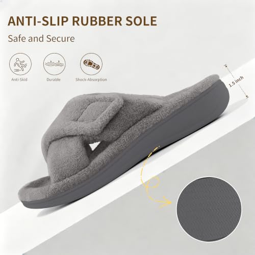 Image of BCSTUDIO Women's Orthopedic House Fuzzy Slippers with Arch Support | Plantar Fasciitis Relief Orthotic Furry Slippers, Open Toe, Cross-Band, Non-slip Sole, Machine Washable, Indoor Outdoor