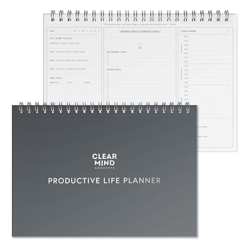Clear Mind Concepts® - Agenda diaria de productividad – A4 encuadernado en espiral, páginas de doble cara de 160 g/m² de grosor para la mente, el cuerpo, el espíritu y el tiempo durante 6 meses de