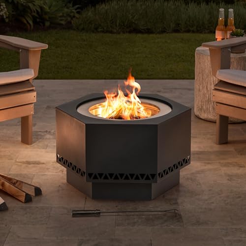 Sunjoy Fire Pit Smokeless 28 in. Hexagonal Outdoor Fire Pit, Patio Wood Burning Smokeless Firepit w/PVC Cover and Fire Poker, Ideal for Camping, Bonfire, and Backyard, Black