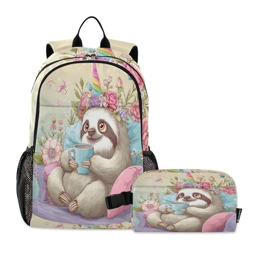 Kids Backpack Cute Sloth with Coffee Boys Girls School Backpack with Lunch Bag Bookbag Set