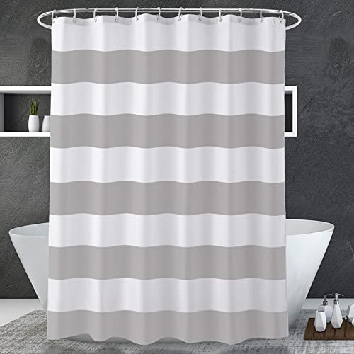 Image of AmazerBath Grey and White Shower Curtain Fabric, Striped Shower Curtain Cloth with Heavy Duty Stones and Rust-Resistent Metal Grommets, 72 inch W x 72 inch H