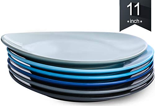 KOMUEE Porcelain Dinner Plates -11 Inch - Set of 6, Cool Assorted Colors
