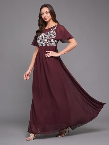 Image of Miss Chase Women's Round Neck Sleeve Embellished Fit Flare Maxi Dress