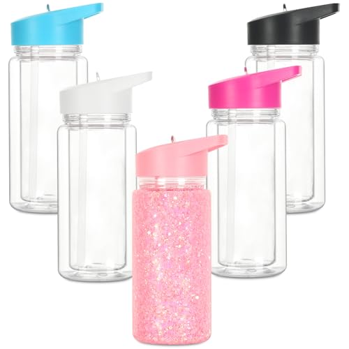 Cosictic 10 Oz Reusable Acrylic Snow Globe Tumbler with Handle with Pre-drilled Hole and Plug Glitter Plastic Snow Globe Cup for DIY Gift5 Pack