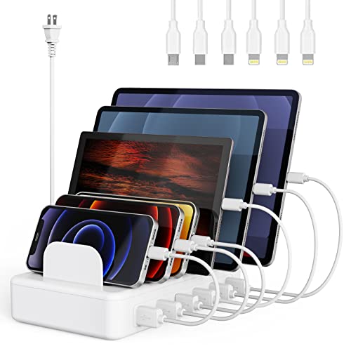 ZCPOW Multiple Charging Station Dock Organizer with 6 USB Ports and 6 Charging Cables Compatible with Cellphone, Tablet, Kindle, Smart Watch, Power Bank, Speaker, Headset, Earphone, PS4 Controller