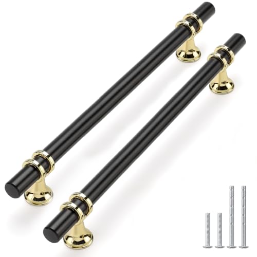 Rergy 10 Pack 7-9/16 Inch Hole Center Black and Gold Cabinet Handles