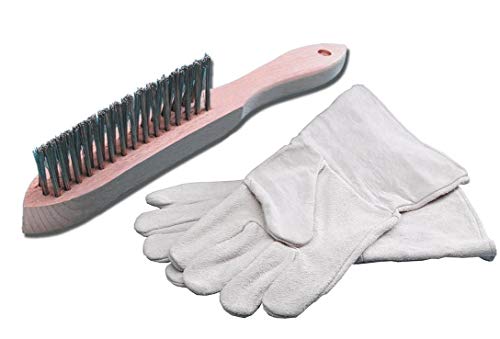 CFH - Set di accessori per saldatura, spazzola a 3 file + guanti da saldatura, in pelle