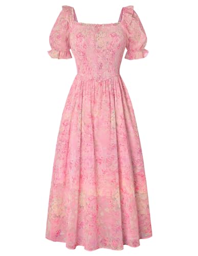 Image of Scarlet Darkness Floral Dress for Women Summer Puff Sleeve Square Neck A Line Flowy Wedding Guest Tea Party Dresses