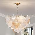 Saint Mossi Modern Chandeliers for Dining Room, Pendant Light Fixture for Living Room, Ripple White & Champagne Ginkgo Leaf Glass Shades, Gold Finish Metal Frame Glass Shades