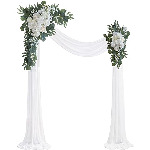 Olalaka White Artificial Wedding Arch Flowers Kit (Pack of 3) with 26Ft White Shiny Arch Draping Fabric for DIY Wedding Party Ceremony Reception Backdrop Floral Decoration