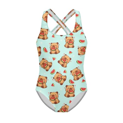 Image of Girls One Piece Swimsuits Summer Quick Dry Crewneck Beach Bathing Suit Cross Shoulder Strap Swimwear 5-14 Years