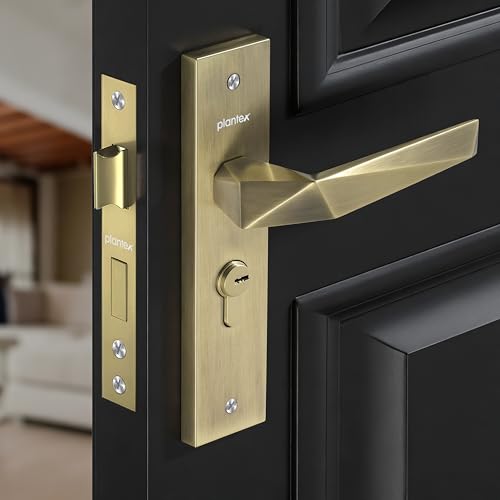 Image of Plantex Heavy-Duty Door Lock Handle Set / 6-Lever Lock Mechanism with 3 Years of Warranty /Mortise Lock with 3 Keys, Brass Lock Body & Cylinder - (8129-Brass Antique)