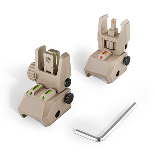 Fiber Optic Sights Flip Up Front and Rear Sites with Green and Red Fiber Optics Dots, Tool-Free Adjustment Front and Rear Backup Sight (Tan)