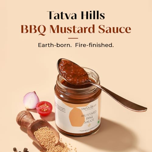 Image of TatvaHills Superfoods Mustard BBQ Sauce - Sweet Spicy Tangy Flavour, No Preservatives, All Natural | Perfect for Grilling, Marinade, Dip, Sandwich Spread | Gourmet Barbeque Condiment | 180g