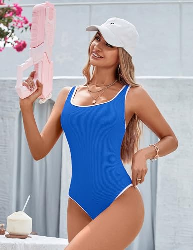 Image of BMJL Women's One Piece Swimsuit Sports Adjustable Strap Bathing Suit Color Block Ribbed High Cut Swimsuits