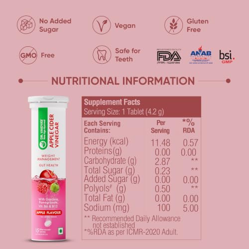 Image of Dr. Vaidya's Apple Cider Vinegar (ACV) Effervescent Tablets with Garcinia, Pomegranate, Vitamin B6 & B12 | Supports Weight Management, Metabolism, Digestion & Gut Health | Tasty Apple Flavour | 15 Tablets per Pack , Pack of 1