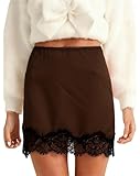 Faymlc Women Satin Lace Mini Skirt High Waist Bodycon Short Silk Skirt Silky Underskirt Elegant Going Out Skirts (Lace Patchwork Dark Brown, M)