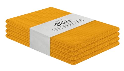 HOUSE OF ORLO Mustard Yellow Waffle Kitchen Towels, 16x26 Inches,