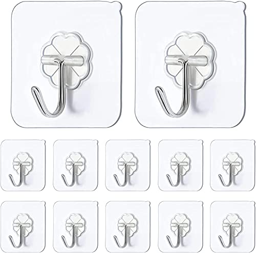 Chillyfit Adhesive Hook 10 Pack,Hooks for Hanging Strong, Heavy Duty Sticky Hooks for Hanging, Transparent Reusable Waterproof Adhesive Hooks, Stick-on Hook for Hangers