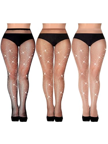 SATINIOR 3 Pcs Rhinestone Fishnet Stockings Glitter Fishnet Tights High Waist Mesh Stockings Pantyhose for Women