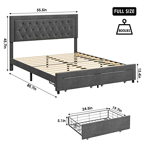 Full Bed Frame With 2 Storage Drawers, Fabric Upholstered Platform Bed Frame With Deep-Set Pattern Button Tufted Headboard, Sturdy Wood Slats Support Mattress Foundation, No Box Spring Needed, Grey #TOP1
