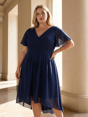 Image of Ever-Pretty Women's Spring Chiffon V-Neck Plus Size Formal Wedding Guest Dress Short Sleeves Cocktail Dresses for Curvy Women Navy Blue US10