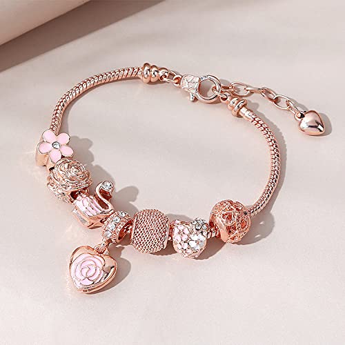 Flower Charm Bracelet Rose Gold Rhinestone Crystal Flower Heart Charm Bracelet #TOP2