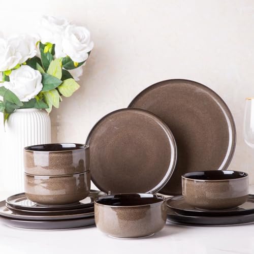 LERATIO Set de vaisselle pour 4 personnes, Set de 12 pièces en grès, Émail réactif résistant aux rayures - Set de bols et assiettes, Résistant au lave-vaisselle et au micro-ondes pour service de table