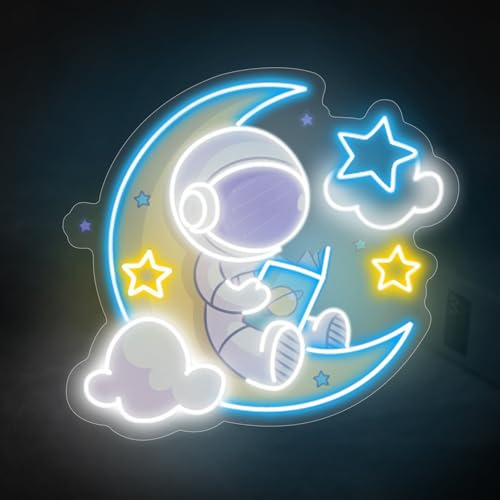 Image of Astronaut Reading Neon Sign Book Artwork Light Reading Corner LED Light | Nursery Room Decor USB Powered Dimmable Gift For Kids Home Wall Decor Room Decoration 15 inchx13.4 inch